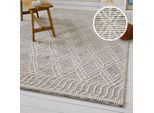 Teppich OTTO HOME "Eleena", wollweiß, B:50cm H:8mm L:80cm, Baumwolle, Schurwolle, Teppiche, Teppich, 70% Wolle, handgewebt, Raute, Hoch-Tief, Wohnzimmer, Naturfaser