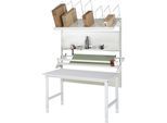 RAU Packtisch komplett, manuell höhenverstellbar, Set 3 mit Lochplatte, Schneidgerät, Abrolleinheit, BxT 1500 x 800 mm, Melaminplatte