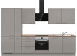 Küchenzeile NOBILIA ""Laser II", Ausrichtung wählbar, Breite 330 cm", grau (küche: grau, korpus: taupegrau, arbeitsplatte: eiche havanna nachbildung), B:330,3cm H:216,6cm T:60cm, Komplettküchen-Sets, Küchenzeile, vormontiert, wahlw. mit unterschiedlichen E-Geräten-Sets