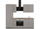 Küchenzeile NOBILIA ""Laser II", Ausrichtung wählbar, Breite 240 cm", grau (küche: grau, korpus: taupegrau, arbeitsplatte: eiche havanna nachbildung), B:240,3cm H:216,6cm T:60cm, Komplettküchen-Sets, Küchenzeile, vormontiert, wahlw. mit unterschiedlichen E-Geräten-Sets