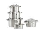 Zwilling Kochtopfset Vitality, Edelstahl, Metall, 5-teilig, 16 cm,20 cm,16 cm, 2 L,3.5 L,6 L,3 L,1.5 L, Messskala, hitzebeständige Griffe, breiter Schüttrand, geschmacksneutral, Sandwichboden, optimale Wärmeverteilung, Kochen, Töpfe, Topfsets