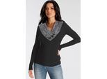 Strickpullover MELROSE, Damen, Gr. 34, schwarz, Feinstrick, Obermaterial: 56% Viskose, 24% Polyamid, 20% Polyacryl, kontrastfarbene Details, sehr figurbetont hüftlang, tiefer V-Ausschnitt, Pullover Strickpullover, mit Kontrastkragen und Zierknöpfen