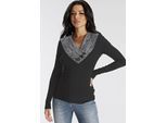 Strickpullover MELROSE, Damen, Gr. 36, schwarz, Feinstrick, Obermaterial: 56% Viskose, 24% Polyamid, 20% Polyacryl, kontrastfarbene Details, sehr figurbetont hüftlang, tiefer V-Ausschnitt, Pullover Strickpullover, mit Kontrastkragen und Zierknöpfen