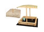 needs&wants® Sandkasten mit Dach Sitzbank und Boden Vlies-Folie, mit Abdeckung Oxford 600D, Sandkiste Holz rechteckig mit Bänken Outdoor Garten Kinder UV-Sonnenschutz, 113x113x113 cm, gelb weiß braun