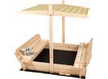 needs&wants® Sandkasten mit Abdeckung Dach Deckel Sitzbank und Boden, Sandkiste Holz quadratisch verschließbar UV-Sonnenschutz mit Bank Outdoor Garten für Kinder, 120x120 cm, Tanne gelb weiß braun