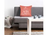 Dekokissen QUEENCE "Landon", rot (coral, bedruckt), B:40cm L:40cm, Polyester, Dekokissen_Sitzkissen_Kissenhüllen, mit einem österlichen Schriftzug