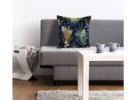 Dekokissen QUEENCE "Camilla", bunt (braun, grün, blau, bedruckt), B:40cm L:40cm, Polyester, Dekokissen_Sitzkissen_Kissenhüllen, Kissenhülle,Blumen,Pflanzen,Tannenzapfen,Naturmotiv,Botanisch