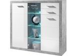 Highboard HBZ "Stone weiß Hochglanz, Wohnzimmerschrank BxHxT 137x134x37 cm", grau (beton, weiß), B:137cm H:134cm T:37cm, Holzwerkstoff, Sideboards, Highboard, Mit 2 Türen, 1 Glastür, 5 Einlegeböden und 3 Glasböden