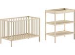 Babymöbel-Set VIPACK "Dino ist das ideale Start Set für Ihr Kind aus massiver Buche", beige (natur), ohne Matratze, B/H: 60cm x 120cm, Schlafzimmermöbel-Sets, Babybett u. Wickelregal inkl., wahlweise in 3 Farben erhältlich