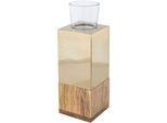 Teelichthalter CREATIV HOME "Kerzenhalter Tower", beige (champagnerfarben), B:8cm H:23cm T:8cm, Edelstahl, Glas, Massivholz, Kerzenhalter, Teelichthalter, aus Holz, Edelstahl und Glas