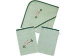 Handtuch Set WÖRNER "Faultier helloliv Kapuzenbadetuch mit 2 Waschhandschuhen", grün (helloliv), 3 Stk., Faultier, Frottier, Frottier, Obermaterial: 100% Baumwolle, Handtücher, mit süßer Stickerei Faultier