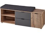 Sitzbank INNOSTYLE "Line Schuhbank inkl. Sitzkissen, 134x51x38cm (B/H/T)", grau (cosmos grau, flagstaff oak umbra, flagstaff oak umbra), B:134cm H:51cm T:38cm, Holzwerkstoff, MDF, Sitzbänke, Sitzbank, 1 türig, 2 Schubkästen, Sitzkissen, Soft-Close, ABS-Schutzkanten