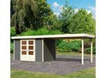 Gartenhaus KARIBU "Arnis", grau (terragrau), ohne Fußboden, ohne Rück- und Seitenwand, ohne Dacheindeckung, Holzwerkstoff, Gartenhäuser, Gartenhaus, mit Anbaudach 2,80 cm Breite