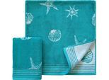 Handtücher DYCKHOFF "Seashell", blau (türkis), B:50cm L:100cm, Walkfrottee, Obermaterial: 100% Baumwolle, Handtücher, mit Muschelmuster