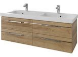 Waschtisch SAPHIR "Serie Balto Mineralmarmor-Waschtisch mit Unterschrank, 147,8 cm breit", braun (riviera eiche quer nachbildung, riviera eiche quer nachbildung), B:147,8cm H:55,6cm T:50,8cm, Waschtische, Waschtisch, Doppel-Waschplatz mit 4 Schubladen, in verschiedene Ausführungen