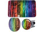 Badaccessoire-Set SANILO "Rainbow", bunt, Kunststoff, MDF, Polyester, Badaccessoires-Sets, bestehend aus WC-Sitz, Badteppich und Waschbeckenstöpsel