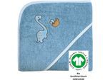 Kapuzenhandtuch WÖRNER "Dinofamilie", blau (stahlblau), B:80cm L:80cm, Frottee, Frottee, Handtücher, Biobaumwolle, mit Kapuze, maschinenwaschbar, trocknergeeignet