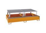 eurokraft pro Stahl-Auffangwanne für Tankcontainer IBC / KTC, LxBxH 2650 x 1460 x 865 mm, mit 2 Abfüllaufsätzen, Auffangvolumen 1000 l, lackiert, orange RAL 2000
