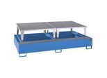 eurokraft pro Stahl-Auffangwanne für Tankcontainer IBC / KTC, LxBxH 2650 x 1460 x 865 mm, mit 2 Abfüllaufsätzen, Auffangvolumen 1000 l, lackiert, blau RAL 5012