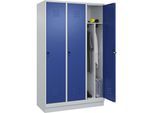 C+P Schwarz-Weiß-Spind Classic PLUS, schmal, 3 Abteile, Trennwand verkürzt, lichtgrau / enzianblau, B 1200 mm, mit Bodensockel, Drehriegel, Trennwand mittig