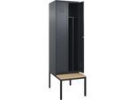 C+P Schwarz-Weiß-Spind Classic PLUS Sitzbank, schmal, 2 Abteile, Trennwand verkürzt, grau, B 600 mm, Zylinderschloss, untergebaut, Buche-Hartholz