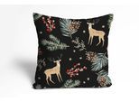 Dekokissen QUEENCE "Rudolf", bunt (rot, braun, grün, bedruckt), B:40cm L:40cm, Polyester, Dekokissen_Sitzkissen_Kissenhüllen, Kissenhülle,Rentier,Weihnachten,Schwarz,Winterlich,Weihnachtsmotiv