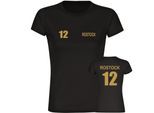 multifanshop Damen T-Shirt - Rostock - Trikot Nummer 12 gold - Druck gold metallic - Frauen