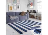 Teppich OTTO HOME "Benja", blau (blau, weiß), B:140cm H:10mm L:200cm, Baumwolle, Polyester, Teppiche, Teppich, Handweb Teppich, gestreift, 90% Baumwolle, handgewebt, mit Fransen