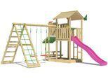 Spielturm JUNGLE GYM "Veranda", pink (fuchsia), Spieltürme, KinderB:454cm H:310cm T:437cm, Holzwerkstoff, Spielanlage mit Schaukel, Kletterbock und Rutsche mit Wasseranschluss, B:454cm H:310cm T:437cm