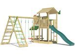 Spielturm JUNGLE GYM "Veranda", grün (dunkelgrün), Spieltürme, KinderB:454cm H:310cm T:437cm, Holzwerkstoff, Spielanlage mit Schaukel, Kletterbock und Rutsche mit Wasseranschluss, B:454cm H:310cm T:437cm