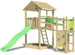 Spielturm JUNGLE GYM "Fortress", grün (hellgrün), Spieltürme, KinderB:373cm H:318cm T:397cm, Holzwerkstoff, Spielanlage mit 2 Türmen, Brücke und Rutsche mit Wasseranschluss, B:373cm H:318cm T:397cm
