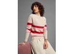Strickpullover LAURA SCOTT, Damen, Gr. 38, beige (beige, rosa, rot, gestreift), Strick, Obermaterial: 50% Viskose, 26% Polyamid, 24% Polyester, gestreift, figurumspielend hüftlang, Raglanärmel Rippbündchen, Pullover Strickpullover, Winterstrick mit trendy Streifendesign und Knöpfen - NEUE KOLLEKTION