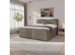 Mid.you Boxspringbett , Beige , Textil , Birke, Buche , teilmassiv, Hartholz,teilmassiv, Hartholz , H3 + H4 , 180x200 cm , Bettkasten, Matratze, gepolstertes Kopfteil, Topper durchgehend , Schlafzimmer, Betten, Doppelbetten