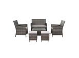 GARMIO® ASTI Rattan Sitzgruppe 6-teilig Polyrattan Gartenmöbel Set mit 2 Sesseln, 2 Hockern, Bank + Hartglas-Tisch wetterfest & wasserabweisende Kissen