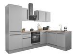 Winkelküche BASIC BY BALCULINA "Denver, Küche BxHxT 280/115 x 211 x 60", grau (küche: grau, korpus: grau matt, arbeitsplatte: lanzelot eiche), B:280cm H:211cm T:60cm, Komplettküchen-Sets, Küchenzeile, Breite 280 cm, wahlweise mit E-Geräten und Induktion