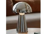 Lindby LED-Akkutischlampe Nevijo, chrom, Ø20cm, USB, Dimmer