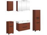 Badmöbel-Set WELLTIME "SALVADA, 5tlg-Set, gedämpfte Scharniere, Softclose, Keramikbecken", rot, B:180cm H:200cm T:47,5cm, MDF, Kastenmöbel-Sets, Badmöbel-Set, Rot, Keramikbecken 1 od. 2 Armaturlochbohrungen