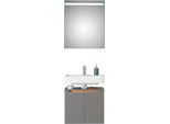 Badmöbel-Set SAPHIR "Quickset 2-teilig, Waschbeckenunterschrank mit LED-Spiegel", grau (quarzgrau matt touch, quarzgrau matt, akzent riviera eiche quer nb), Kastenmöbel-Sets, Badmöbel-Set, Waschplatz 60 cm breit, inkl. Türdämpfer, 2 Türen, Bad-Set