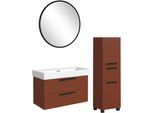 Badmöbel-Set WELLTIME "SALVADA, 3tlg-Set, gedämpfte Scharniere, Softclose, Keramikbecken", rot, B:140cm H:200cm T:47,5cm, MDF, Kastenmöbel-Sets, Badmöbel-Set, Rot, Keramikbecken 1 od. 2 Armaturlochbohrungen