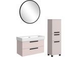 Badmöbel-Set WELLTIME "SALVADA, 3tlg-Set, gedämpfte Scharniere, Softclose, Keramikbecken", kaschmir, B:140cm H:200cm T:47,5cm, MDF, Kastenmöbel-Sets, Badmöbel-Set, Kaschmir, Keramikbecken 1 od. 2 Armaturlochbohrungen