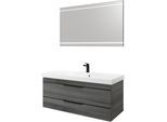 Badmöbel-Set SAPHIR "Balto 2-teilig Mineralmarmor-Waschtisch mit LED-Spiegel, 123 cm breit", grau (graphit struktur quer nachbildung mit schwarzer einlage), B:123cm H:200cm T:50,8cm, Holzwerkstoff, Kastenmöbel-Sets, Badmöbel-Set, Waschplatz mit 2 Schubladen, Badschrank inkl. Schubladendämpfer