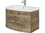 Waschtisch SAPHIR "Serie 4010 Keramik-Waschtisch mit Unterschrank, 84 cm breit", braun (eiche ribbeck quer nachbildung, eiche ribbeck quer nachbildung), B:84cm H:53,7cm T:45cm, Waschtische, Waschtisch, Waschplatz mit 2 Schubladen, Badmöbel-Set mit Waschtisch