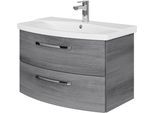 Waschtisch SAPHIR "Serie 4010 Keramik-Waschtisch mit Unterschrank, 84 cm breit", grau (graphit struktur quer nachbildung, graphit struktur quer nachbildung), B:84cm H:53,7cm T:45cm, Waschtische, Waschtisch, Waschplatz mit 2 Schubladen, Badmöbel-Set mit Waschtisch