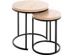 Beistelltisch HAKU, 2er Set, rund, Stahlrohr, pulverbeschichtet, Dekor Eiche hell, schwarz