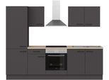 Küchenzeile IMPULS KÜCHEN "Tirana", Ausrichtung wählbar, Schubkästen mit Soft-Close", grau (küche: grau, front: grafit, korpus: grafit, arbeitsplatte: eiche, nachbildung hell), B:270cm H:206,2cm T:60cm, Komplettküchen-Sets, Küchenzeile, vormontiert, wahlweise mit E-Geräten, mit Vollauszug, Breite 270 cm