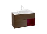 Villeroy und Boch Finion Waschtischunterschrank F781HBGN 100cm, Abdeckplatte white matt, Regale Peony matt lacquer, Walnut veneer