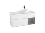 Villeroy und Boch Finion Waschtischunterschrank F951GMGF 120cm, Abdeckplatte white matt, Regale Olive matt lacquer, Glossy white lacquer