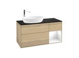 Villeroy und Boch Finion Waschtischunterschrank F932GFPC 120cm, Abdeckplatte black matt, Regale Glossy white lacquer, Oak Veneer