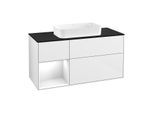Villeroy und Boch Finion Waschtischunterschrank G292GFGF 120cm, Abdeckplatte black matt, Emotion, Regal links Glossy white lacquer, Glossy white lacquer