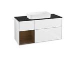 Villeroy und Boch Finion Waschtischunterschrank G292GNGF 120cm, Abdeckplatte black matt, Emotion, Regal links Walnut veneer, Glossy white lacquer